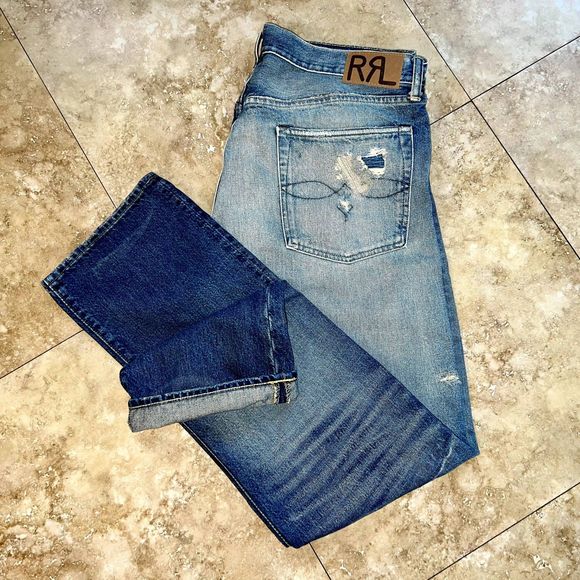 RRL - Ralph Lauren Double RL Vintage Low Straight Burrows wash repaired jeans - Picture 2 of 15